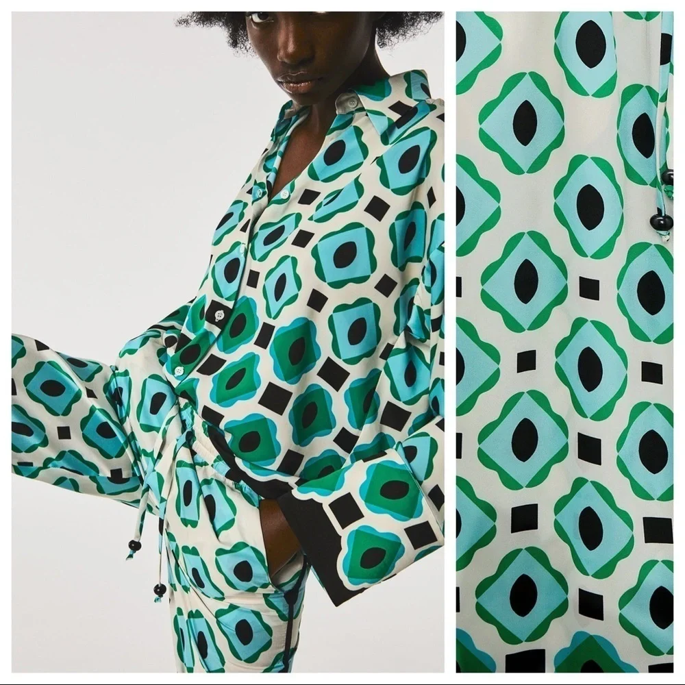 NWOT. Zara White/Green Geometric Print Flowy High-Waisted Pants. Size S. - Picture 3 of 7